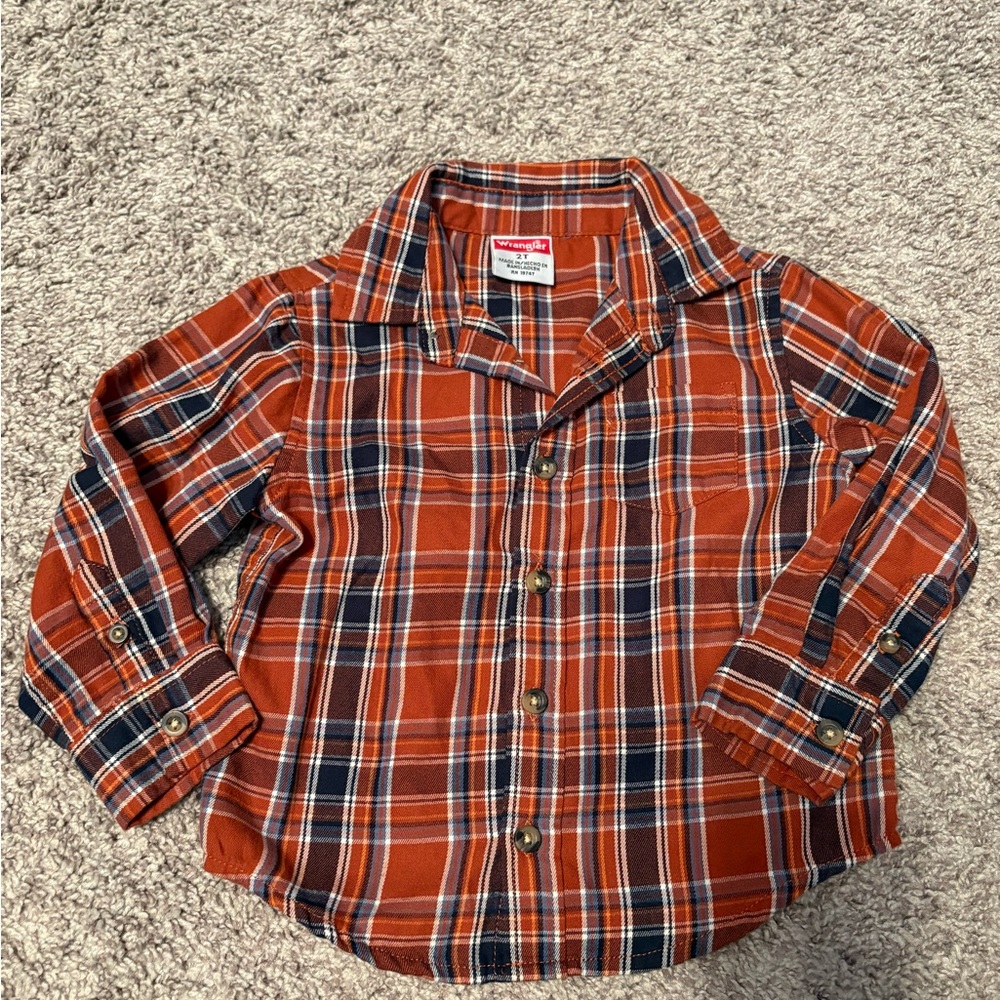Wrangler Kids Orange and Blue Plaid Button-Down Shirt